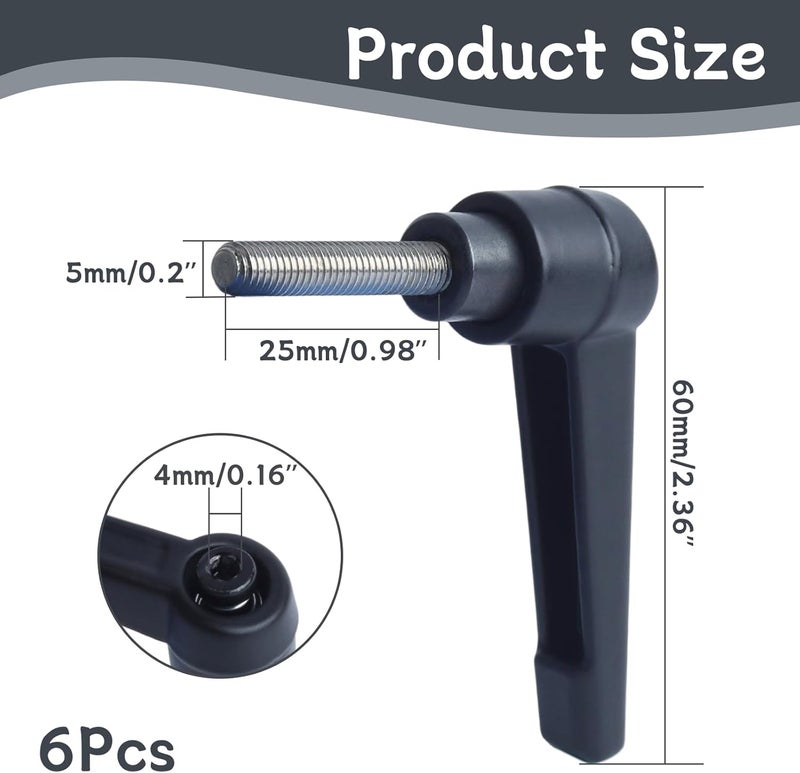 Begino Clamping Lever Handles with Quick Release Push Button Locking, 304 Stainless Steel M5 x 25mm Stud - Black (6 Pack) - Image 2